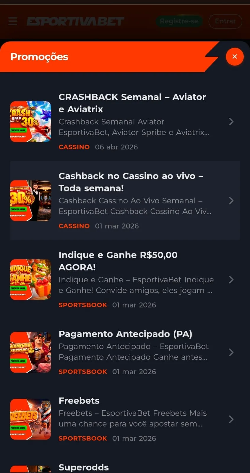 Print do painel de promoções da Esportivabet.