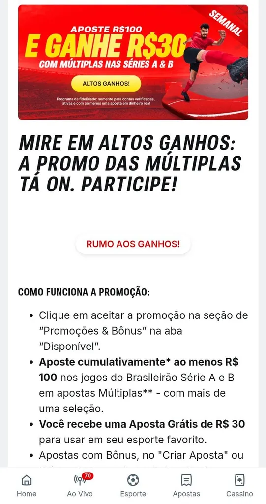 Mire em Altos Ganhos da Superbet, com uma imagem de jogador no banner e texto explicativo sobre como funciona a promoção