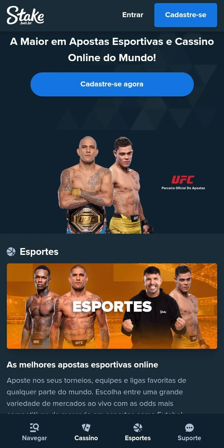 Dois lutadores de UFC em destaque no site da Stake, com banner de esportes e texto que promove a plataforma