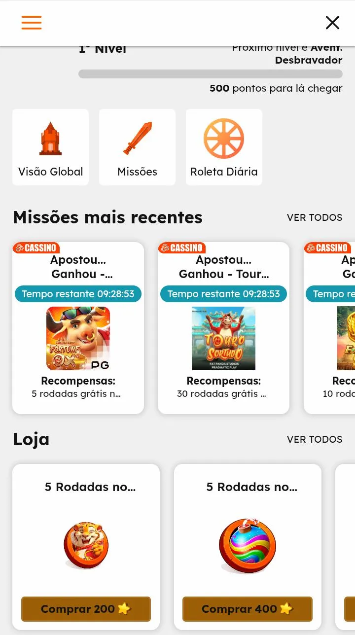 Missões mais recentes e loja VIP da Aposta Ganha, com giros grátis para Touro Sortudo e outros jogos
