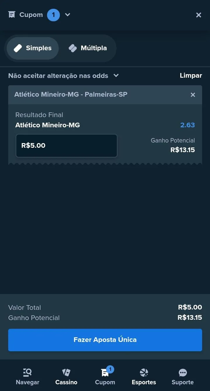 Cupom de aposta para o jogo Atlético-MG x Palmeiras na Stake, com odds de 2.63 para vitória do Atlético-MG
