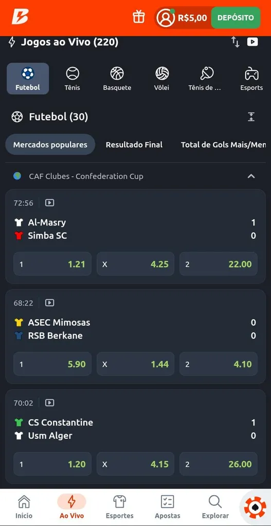 Apostas ao vivo com símbolo de player da transmissão ao vivo na Betano e odds no mercado 1x2.