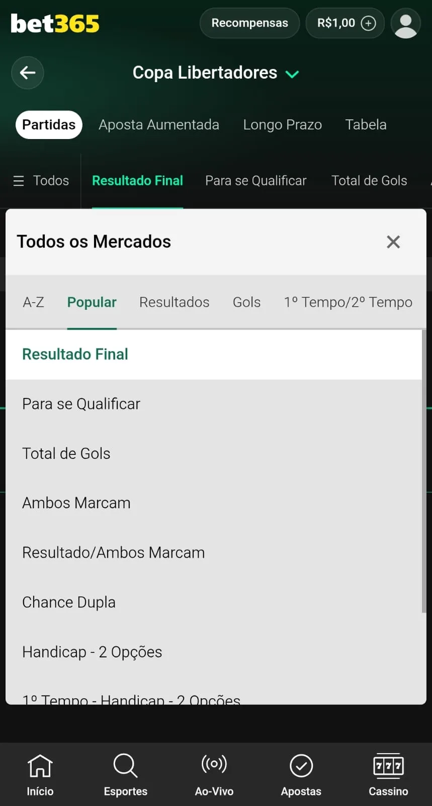 Captura de tela dos mercados para a Copa Libertadores na bet365