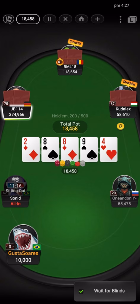 Jogo de poker Texas Holdem com seis jogadores no momento do river.