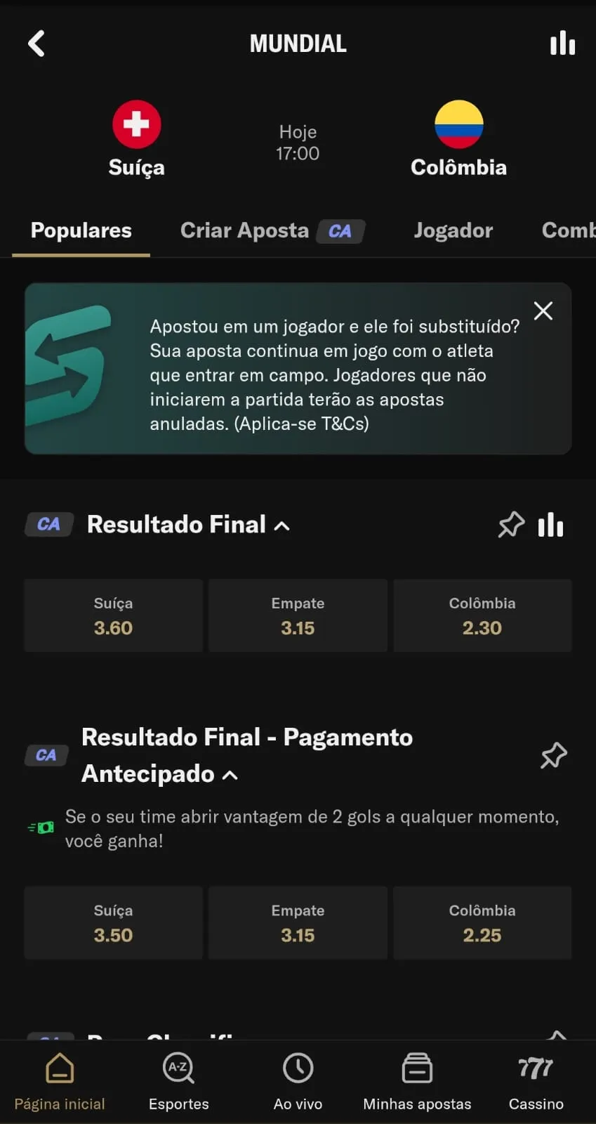 Captura de imagem da partida entre Suíça x Colômbia pela Copa do Mundo na BetMGM, com destaque para a opção de Pagamento Antecipado
Data: 07/07/2026