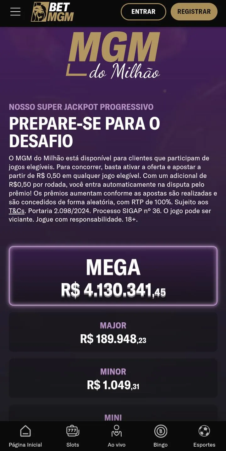 Jackpot MGM do MIlhão, com prêmio de R$4,1 milhões no Mega, R$189 mil no Major e R$1.049 no Minor