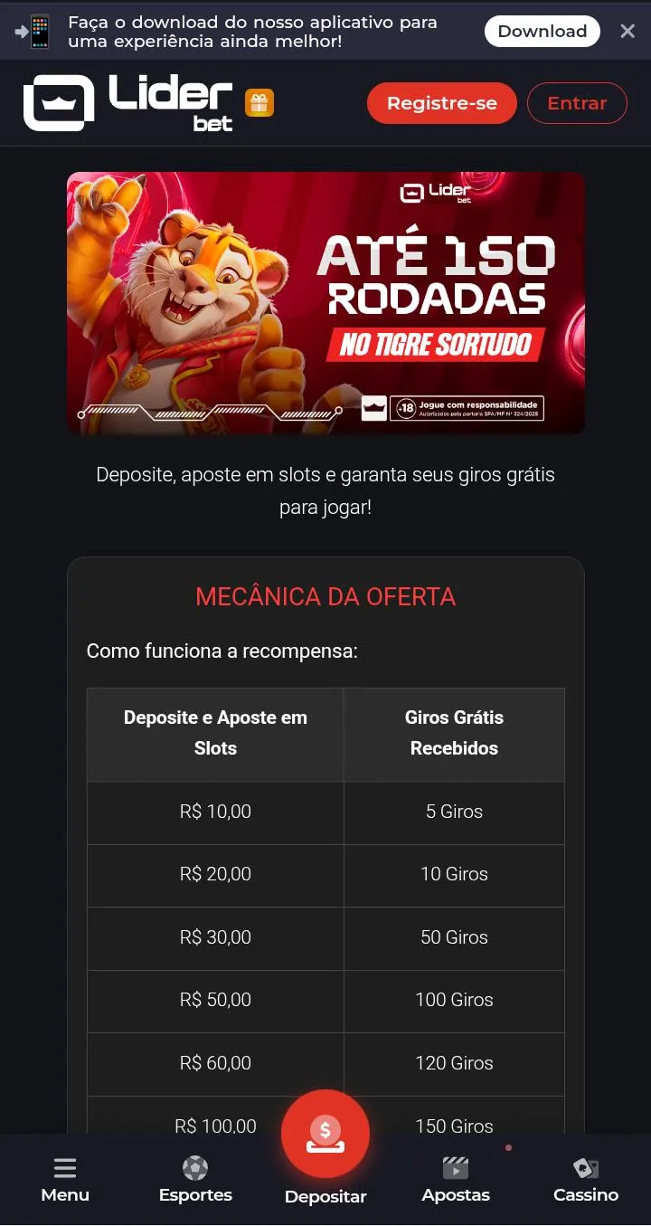 Até 150 rodadas no Tigre Sortudo da Líder.bet, com o Tigre no banner principal e tabela de depósitos com os giros recebidos