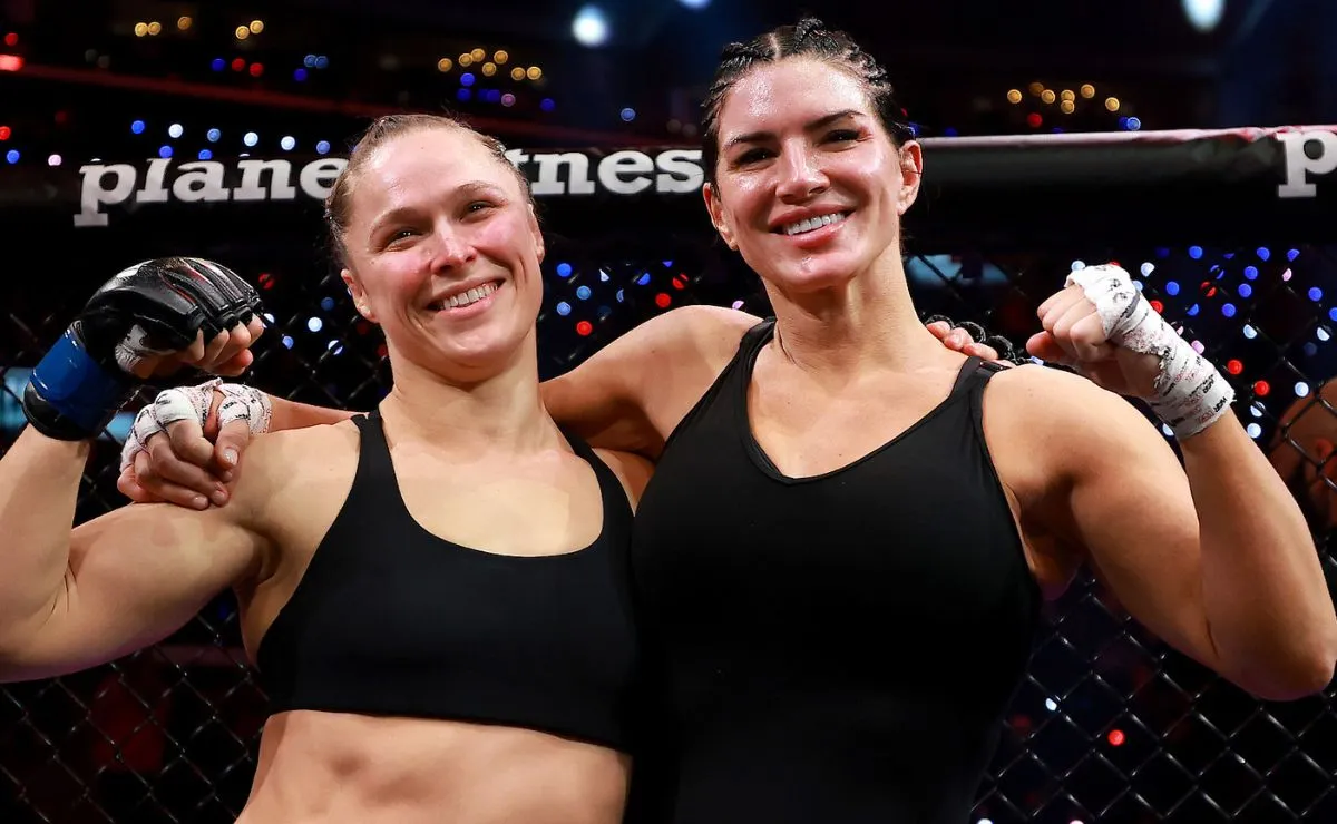 Ronda Rousey e Gina Carano aparecem no octógono após a luta principal do MVP MMA, evento transmitido pela Netflix.