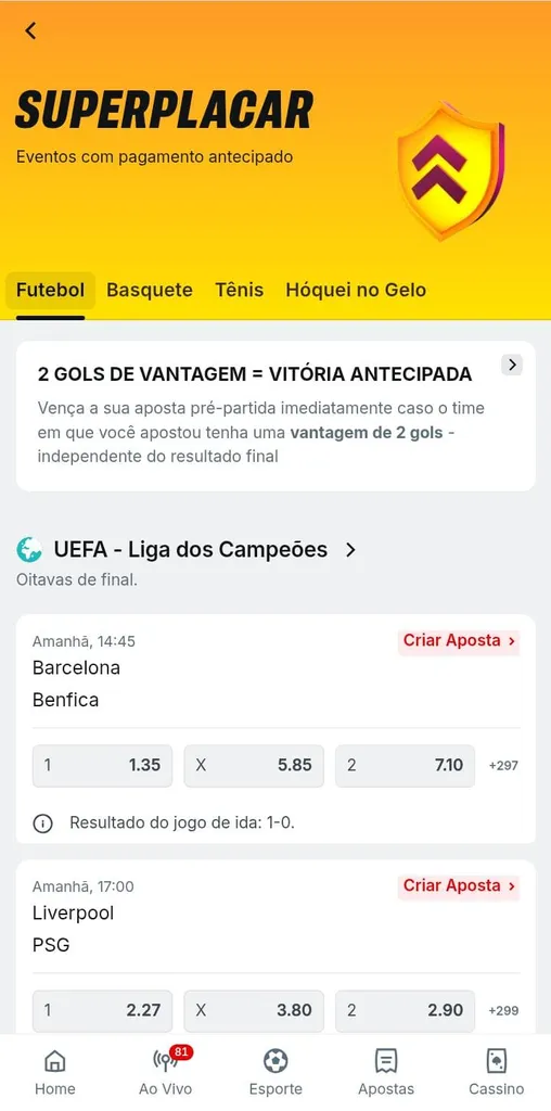 Oferta SuperPlacar para vitória antecipada na Superbet com 2 gols de vantagem em jogos da Champons League e outros esportes.