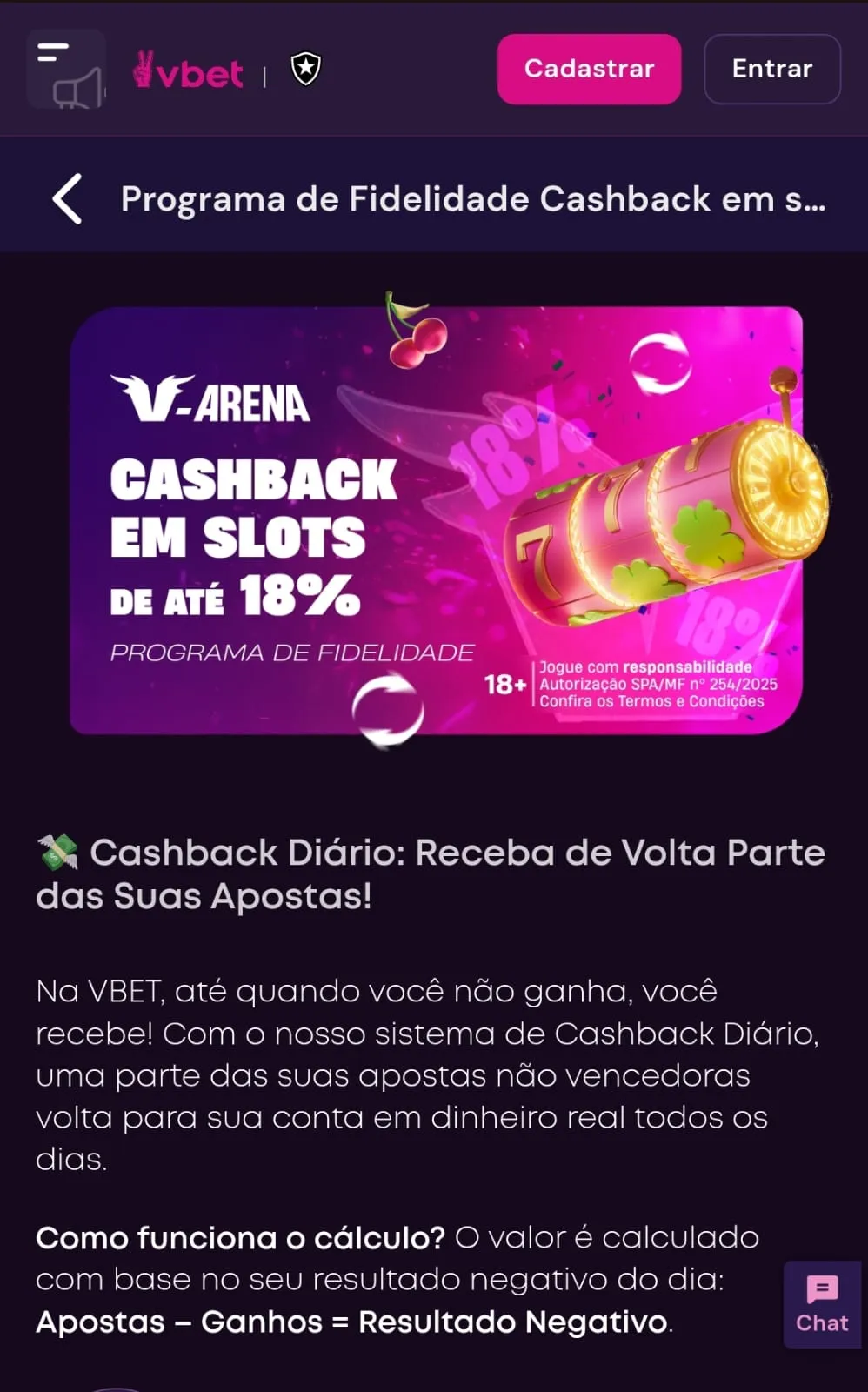 captura de tela da oferta de cashback até 18% no programa de fidelidade da vbet, disponível para o slot Pinata Wins
Data do print: 11/05/26