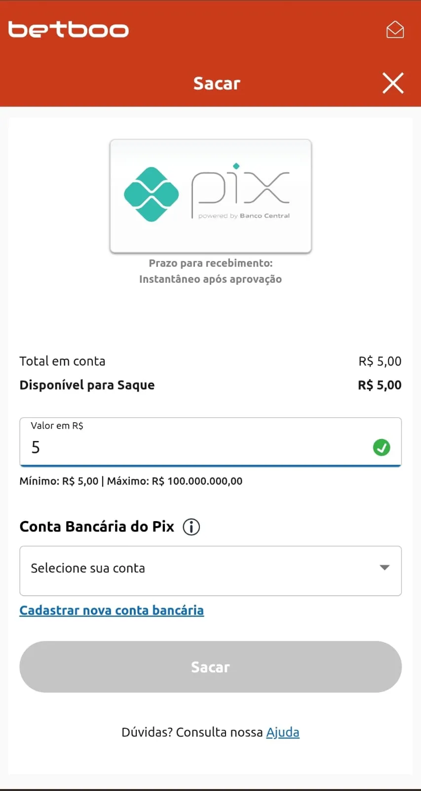Painel de saque da betboo com limites de depósito via Pix com limite até R$100 milhões, e opção para selecionar uma conta bancária.