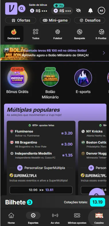Plataforma Vupi com destaque para as múltiplas populares