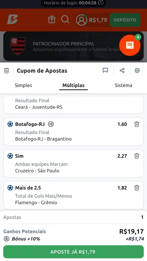 Cupom de aposta múltipla de R$1, com 3 seleções, ganhos potenciais de R$19,17 e bônus de 10%, de R$1,74 com código Betano