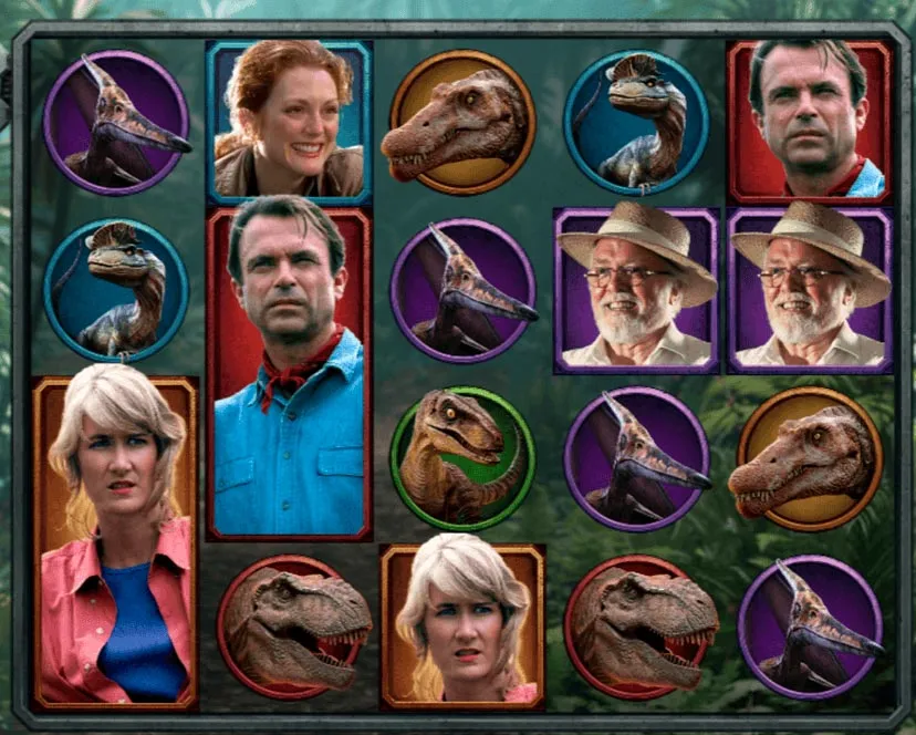 Figuras de pessoas e dinossauros na grade do jogo Jurassic Park: Gold