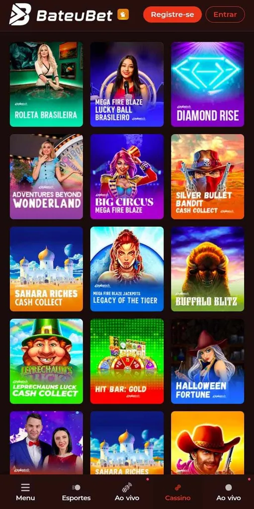 Grade com ícones de 12 jogos da Playtech do cassino BateuBet, incluindo Roleta Brasileira e Adventures Beyond Wonderland 
