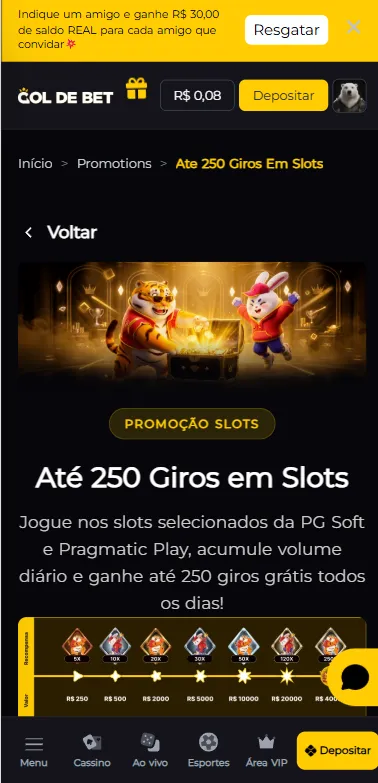 Até 250 giros grátis na Gol de Bet com apostas nos jogos Pragmatic Play