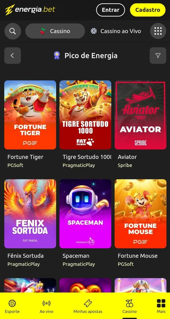 Jogos Pico de Energia da Energiabet, como Forune Tiger, Tigre Sortudo 1000, Aviator e Fênix Sortuda