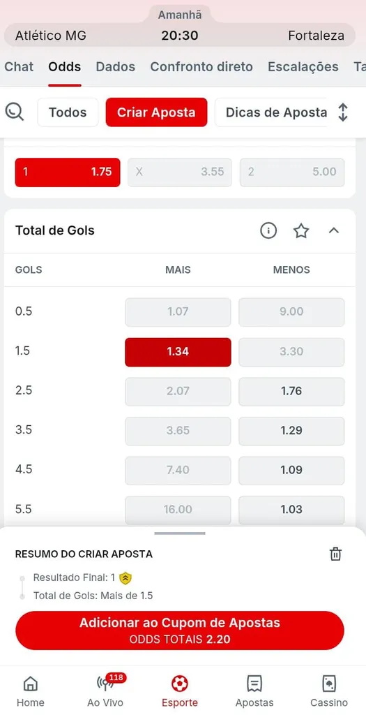 Criar Aposta do Jogo Atlético-MG e Fortaleza, com apostas para o mercado resultado final, total de gols e odd final em 2.20
