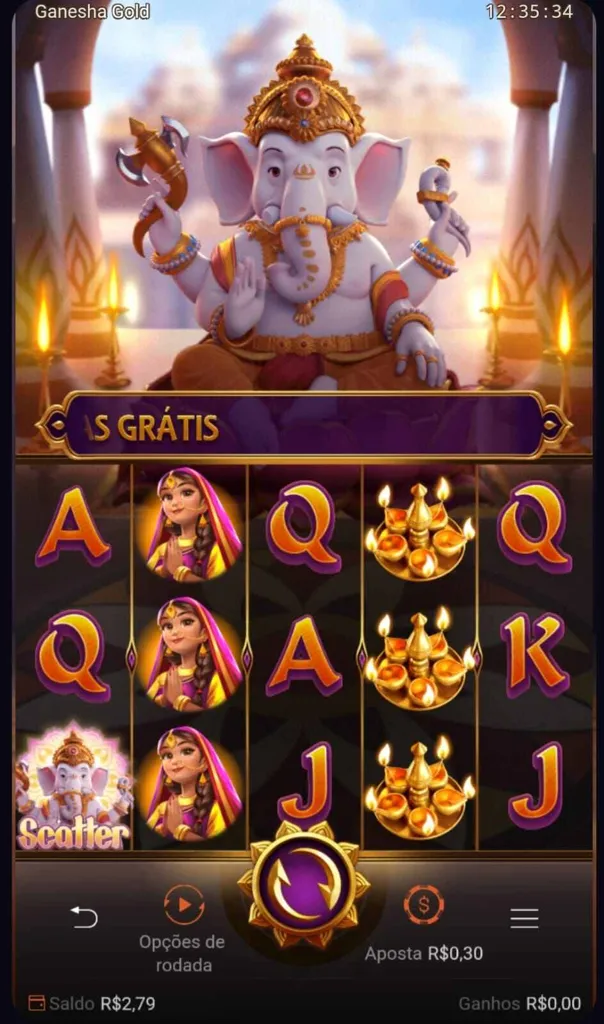 Ganesha Gold com aposta definida em R$0,20 e símbolos em queda.