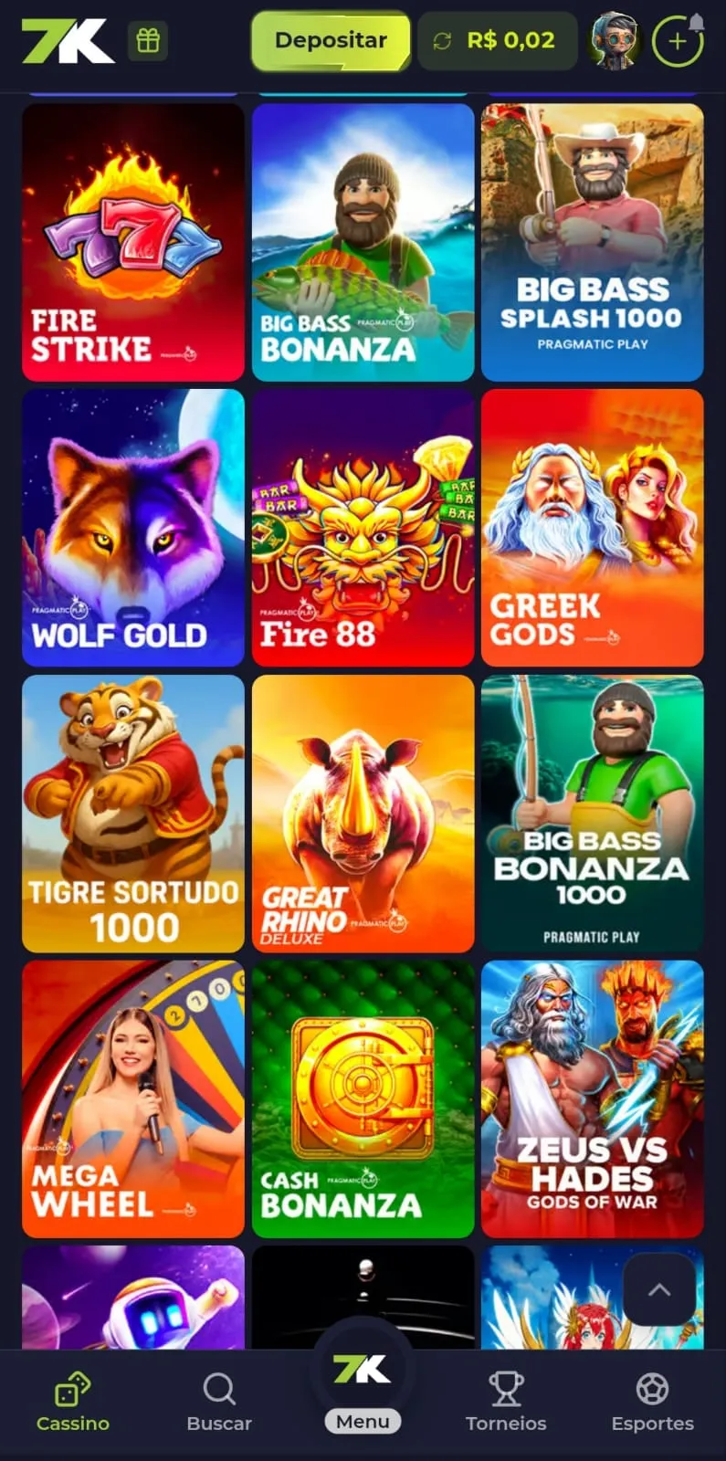 Catálogo de slots da Pragmatic Play com Big Bass Bonanza e centenas de outros slots na 7K