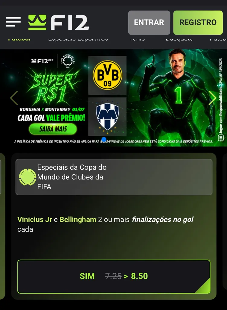 Super odds na F12.Bet para Vini Jr e Bellingham terem 2 ou mais finalizações com odds de 7.25 por 8.50.