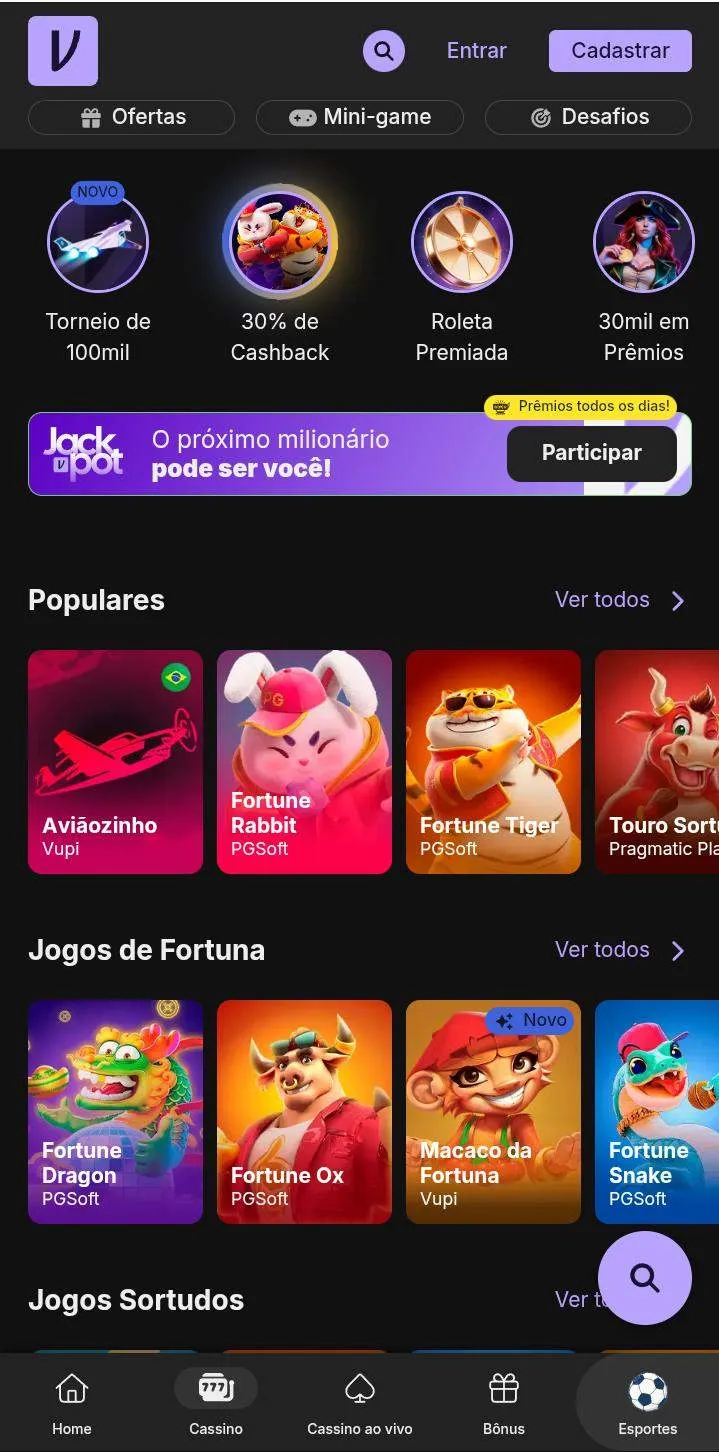Cassino Vupi, com jogos populares, jogos da Fortuna, jackpot e ofertas de torneio, cashback e roleta premiada