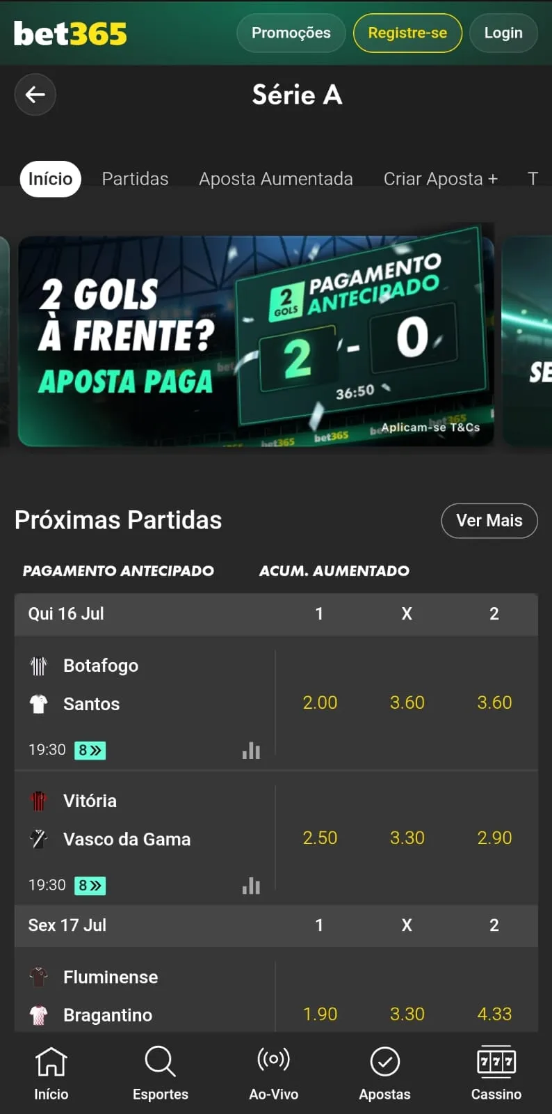 Apostas no Brasileirão na Bet365 com mercados para partidas como Botafogo x Santos e Vitória x  Vasco da Gama