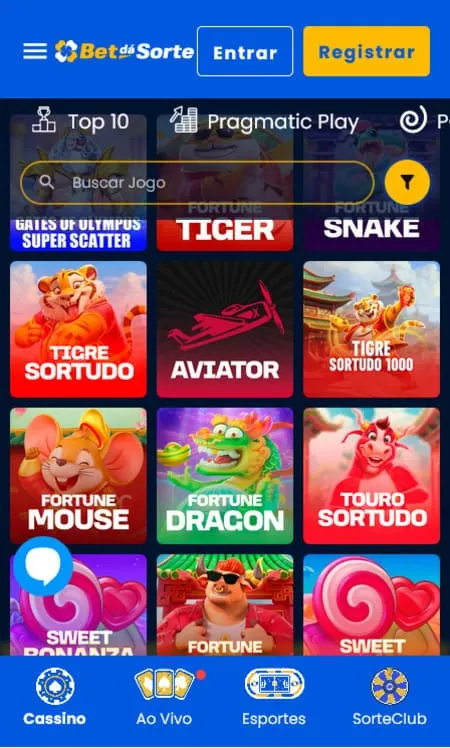Seleção de diferentes jogos na BetdáSorte, incluindo Fortune Mouse, Tigre Sortudo, Aviator e Touro Sortudo