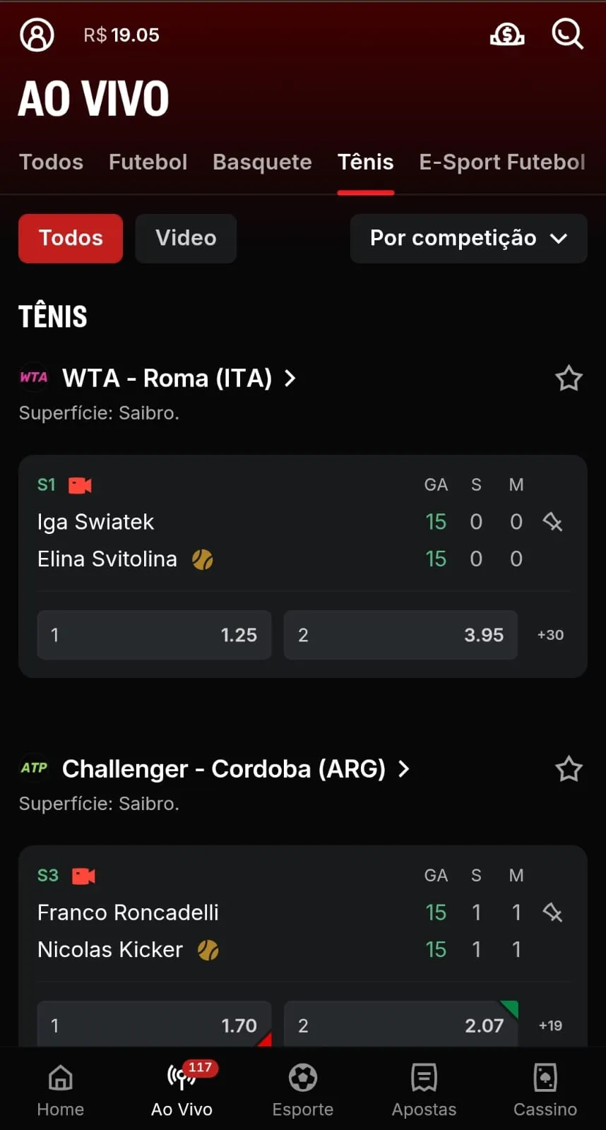 Jogos com apostas no tênis ao vivo na Superbet do WTA de Roma e Challenger de Córdoba.