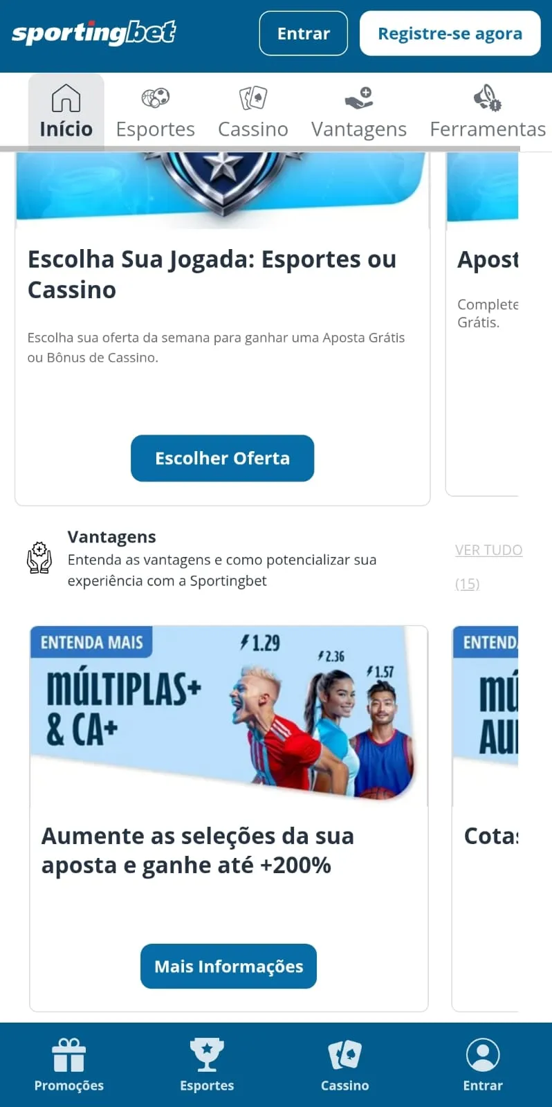 Página de ofertas da Sportingbet com banner da Múltiplas+ & CA+