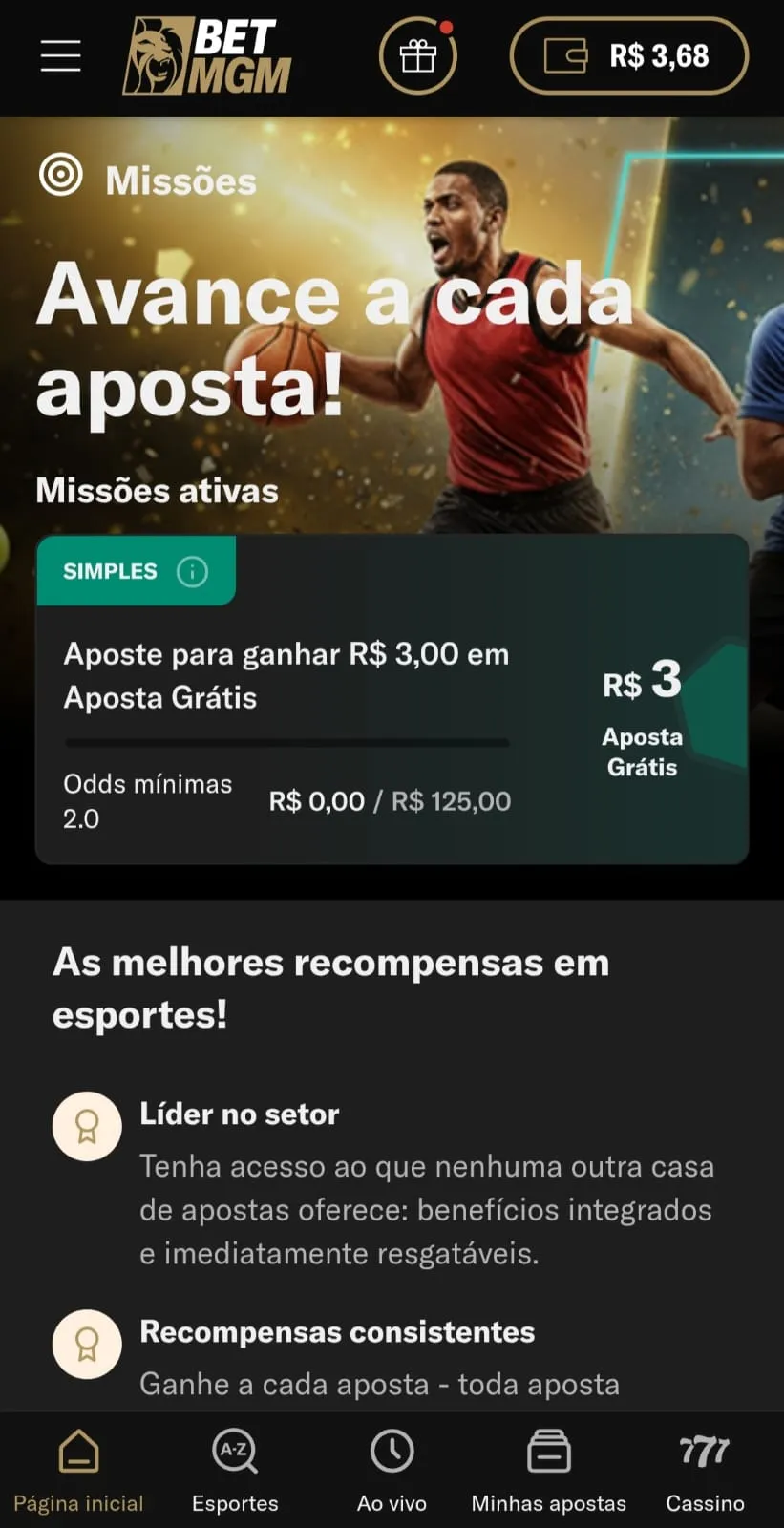 Missões ativas da BetMGM com apostas grátis de R$3 ao apostar R$125 com odds mínimas de 2.00.