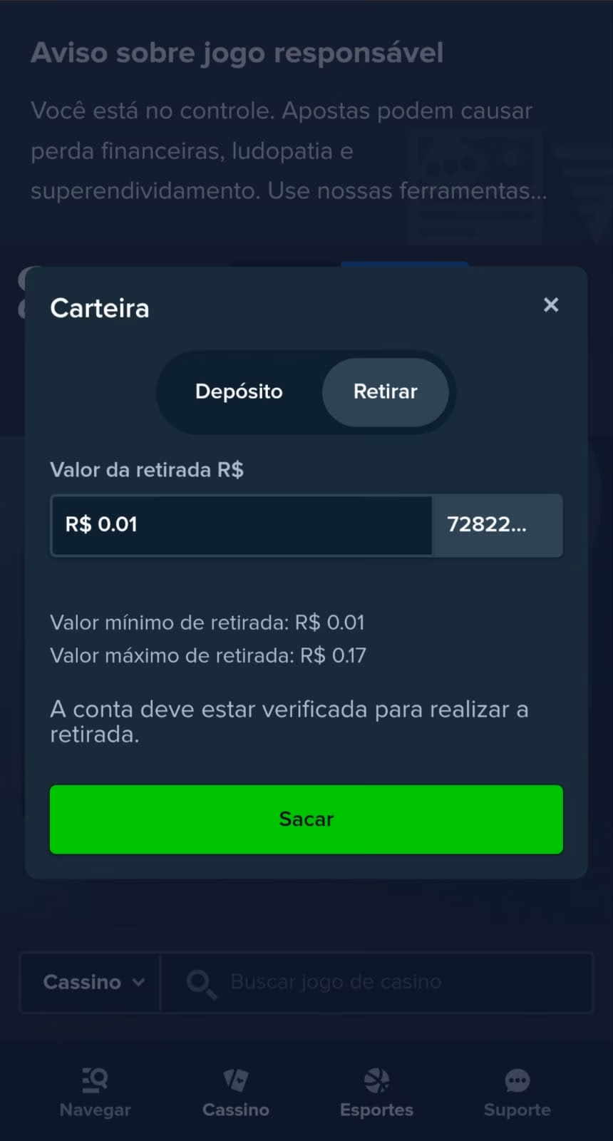 Painel da Carteira Stake com a opção de saque destacando limites mínimos de R$0,01.
