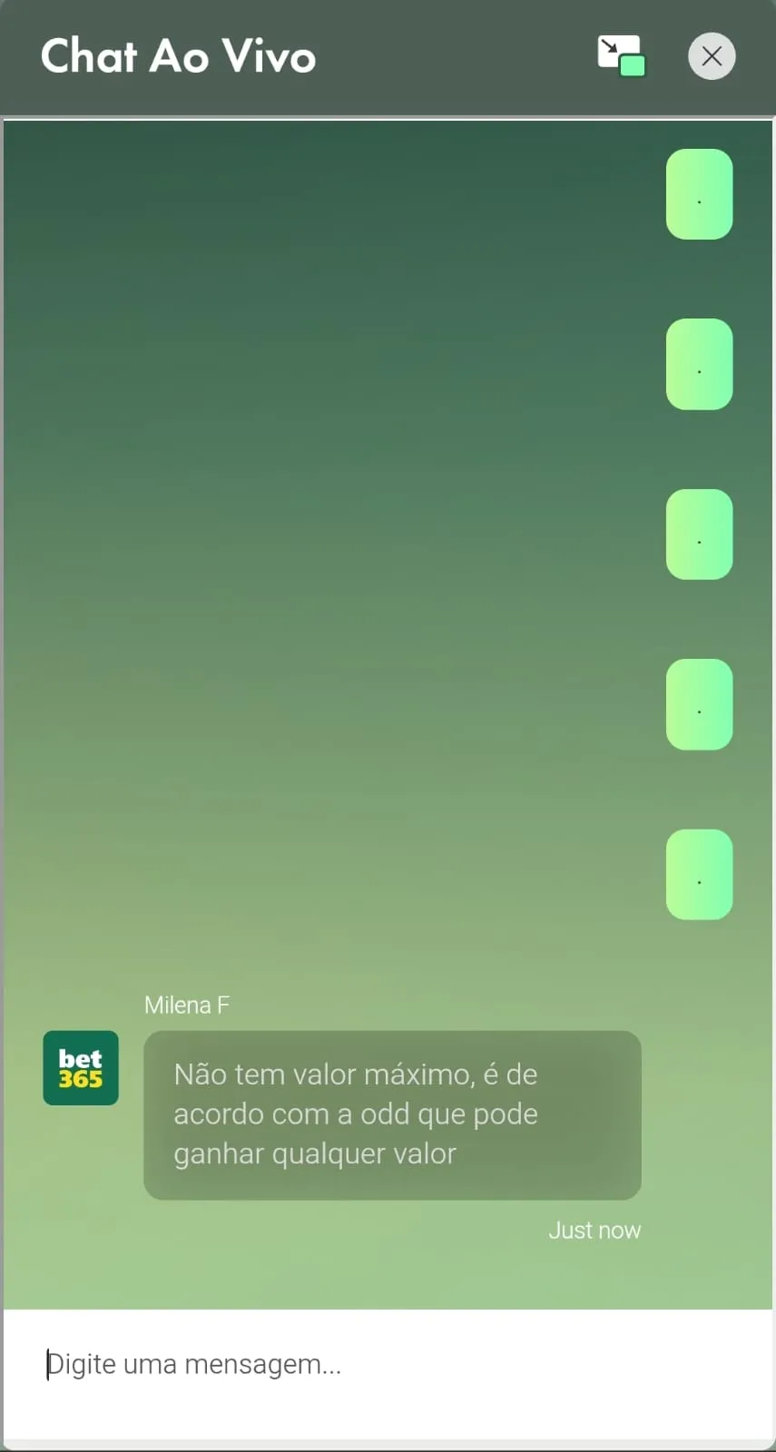 Captura de tela do chat da bet365 com a atendente informando sobre o limite de ganho máximo.