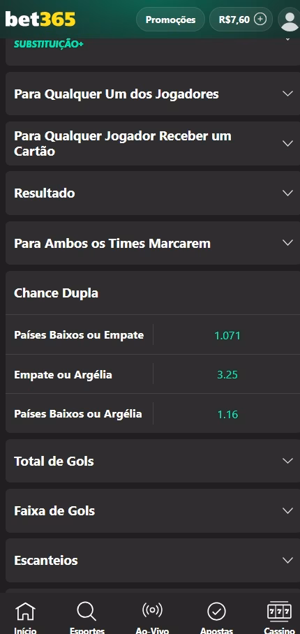 Odds de chance dupla Países Baixos x Argélia na bet365