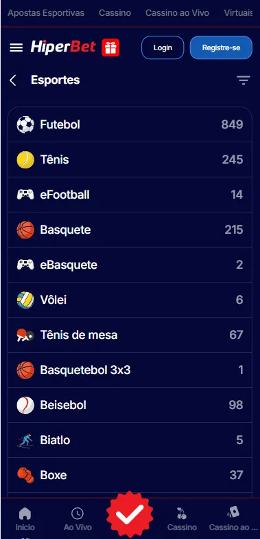 HiperBet com modalidades como futebol, tênis, basquete, vôlei e beisebol