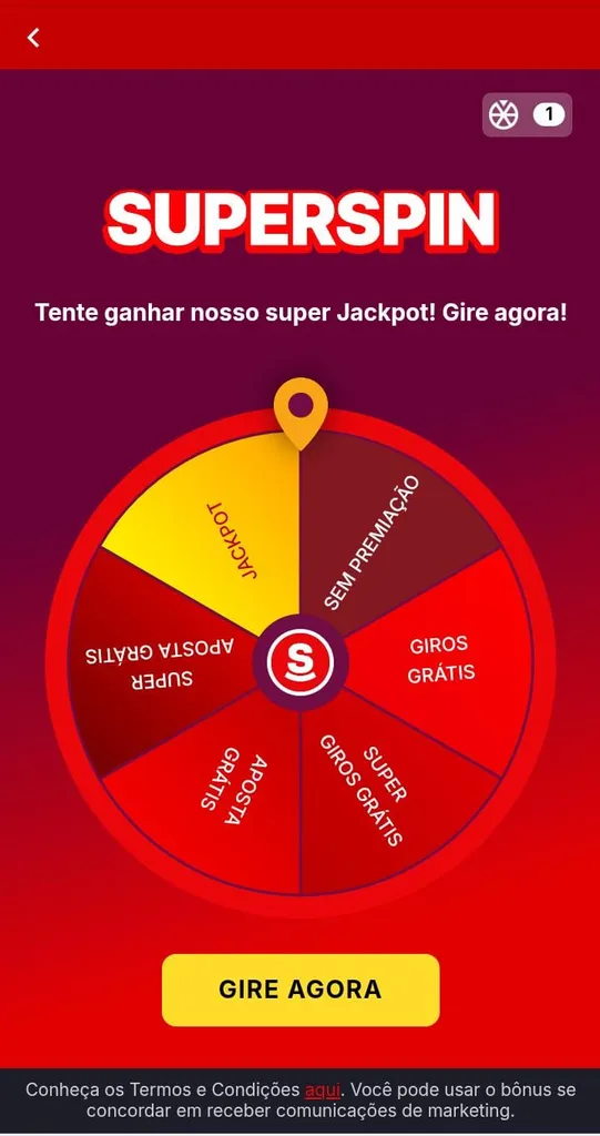 Superspin da Superbet com roda de prêmios incluindo apostas e giros grátis, jackpot e o botão para girar