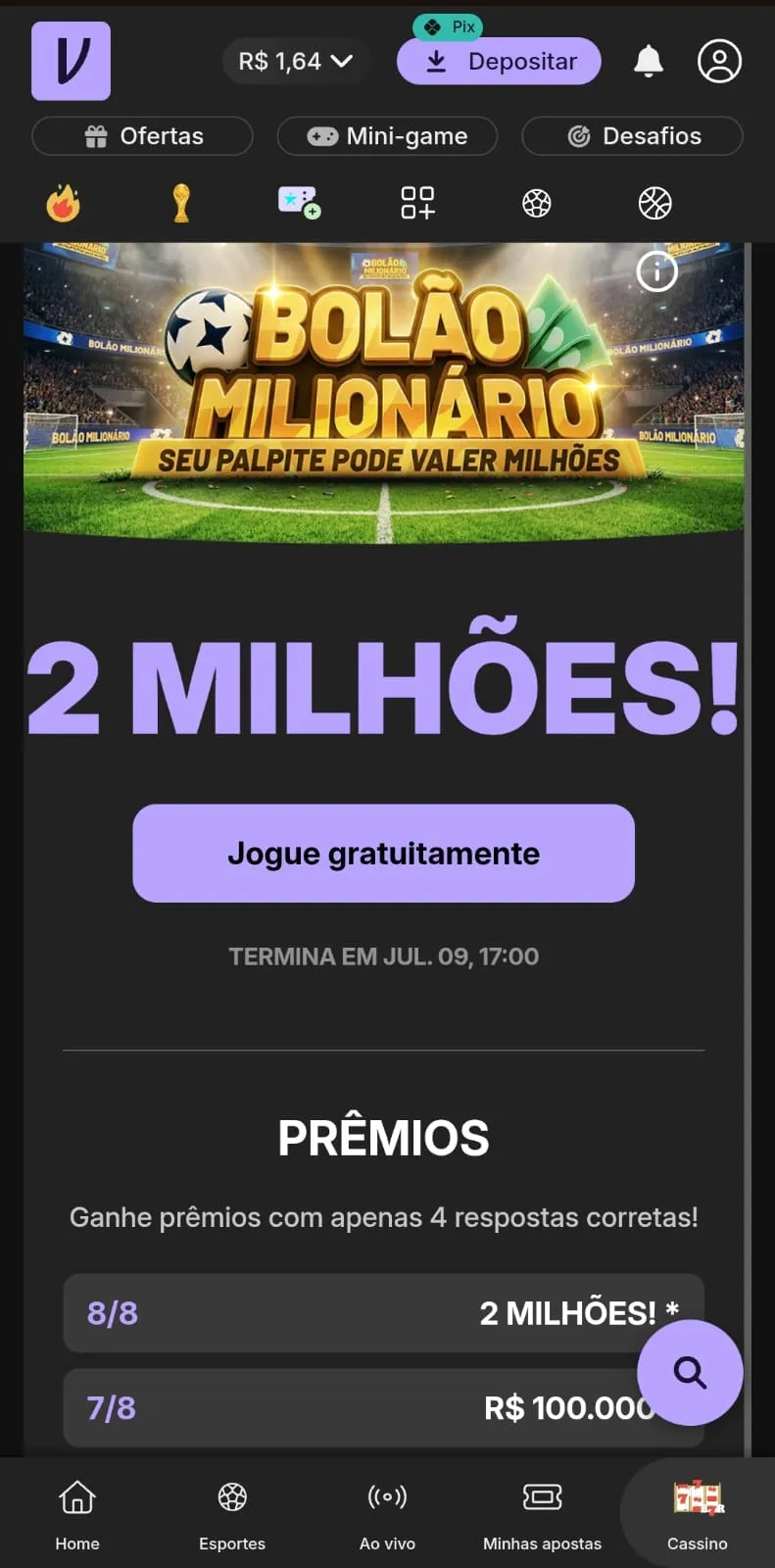 Tela mobile do Bolão da Copa do Mundo 2026 na Sportingbet
Data: 09/07/2026