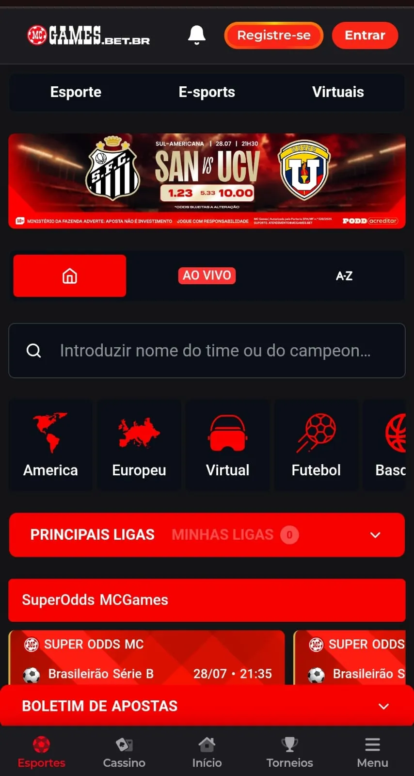 Área de apostas esportivas da MC Games com as opções das principais ligas e SuperOdds MCGames