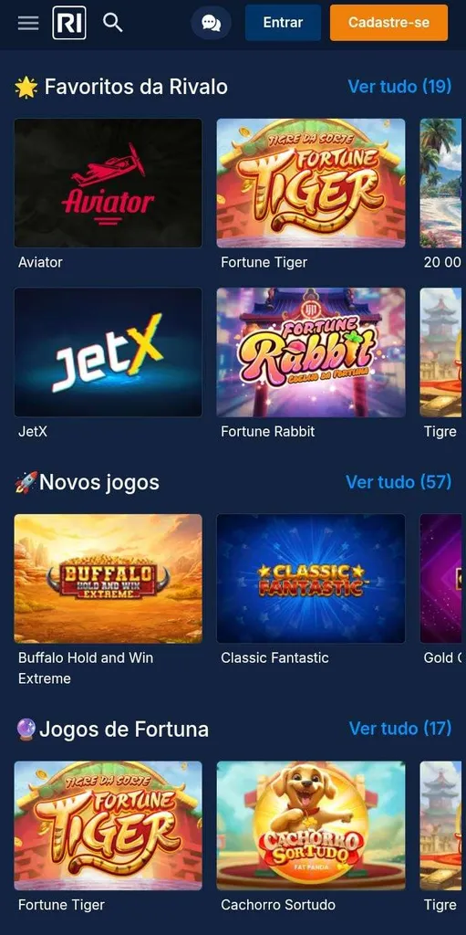 Página de cassino da Rivalo com os jogos favoritos como Aviator, novos jogos e jogos da Fortune.