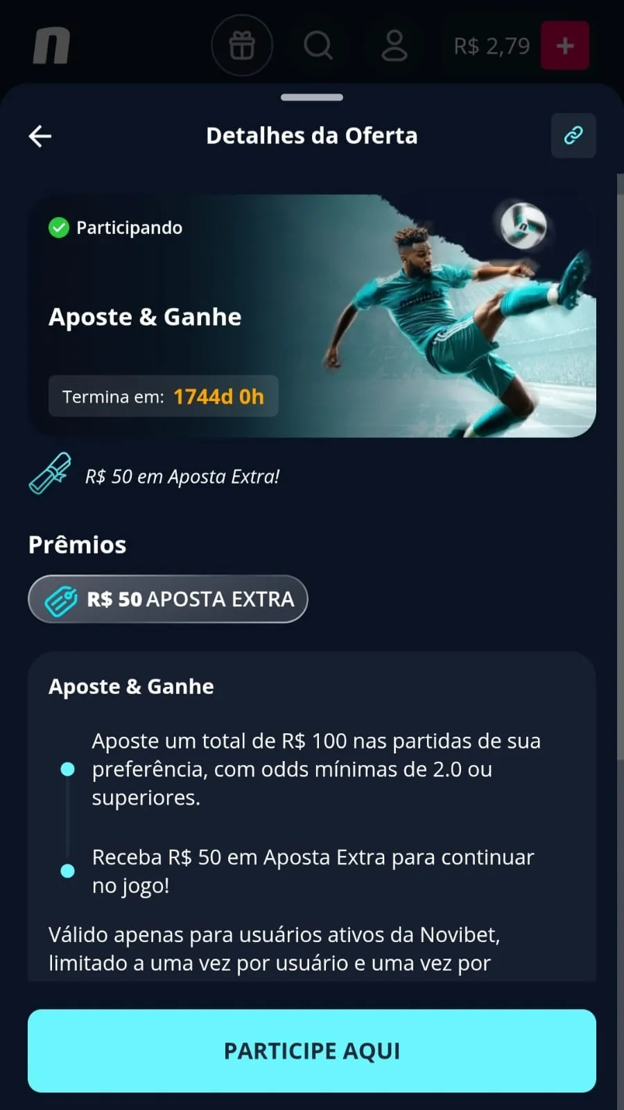 Oferta Aposte e Ganhe na Novibet com free bet de R$ 50 ao acumular R$ 100 em apostas esportivas e botão para participar.