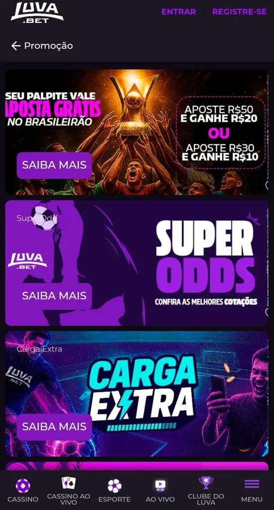 Banners com ofertas de Apostas grátis, Super Odds e Carga extra na Luva.bet