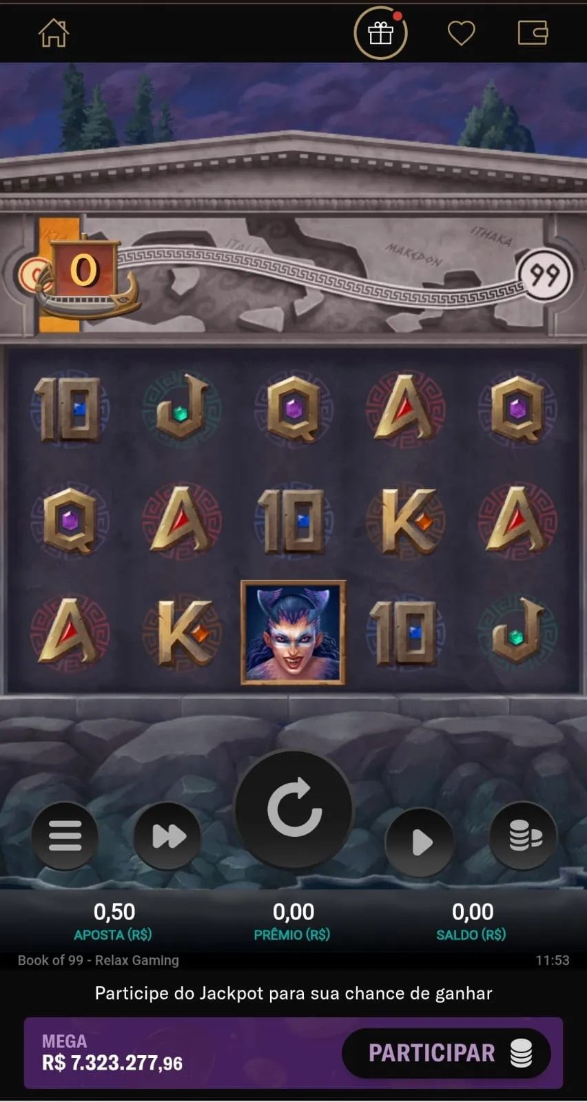 Diferentes figuras na parede de cor cinza da grade 5x3 do slot Book of 99