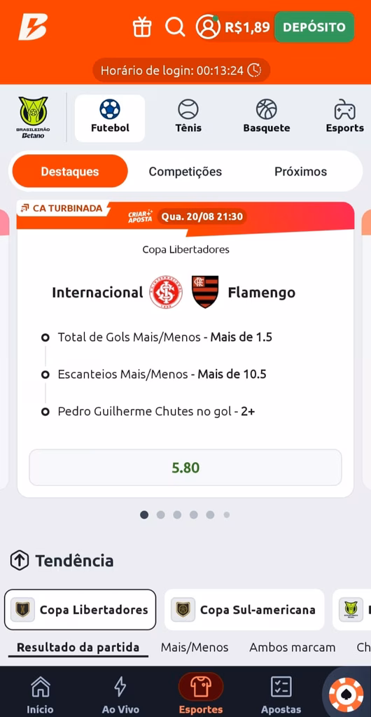 Super Odds Betano para partida entre Internacional e Flamengo na Libertadores