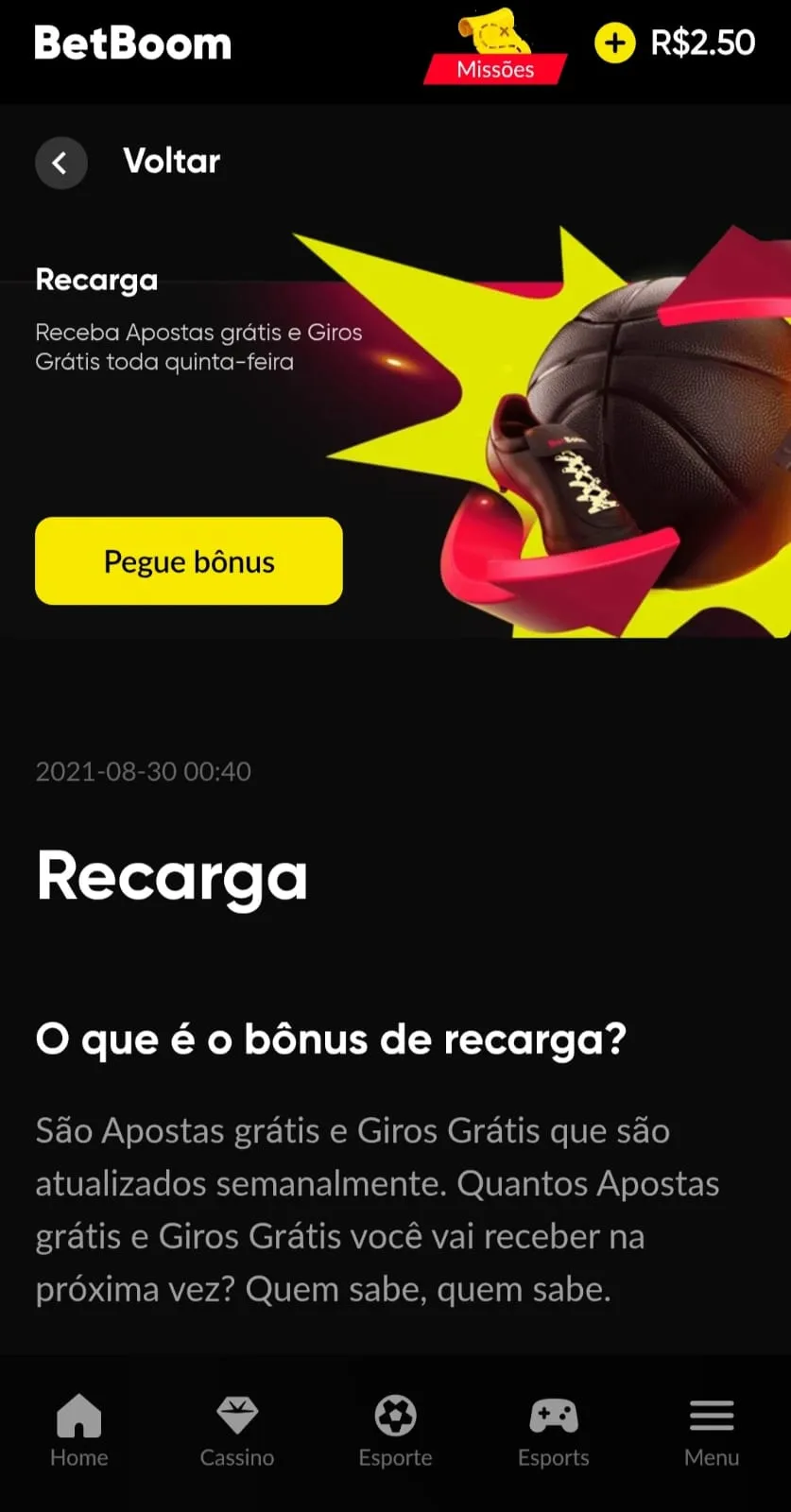 Bônus de recarga da Betboom com recompensas em giros grátis às quintas-feiras.
