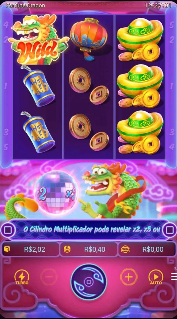 Fortune Dragon com rodada de R$0,40 e símbolo Wild no cilindro da esquerda