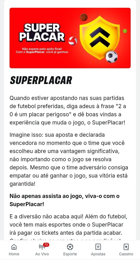 Super Placar da Superbet, com texto explicando que o usuário ganha a aposta se o time dele abrir 2 gols de vantagem