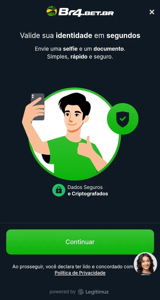 Etapa de validação da identidade na Br4Bet, com boneco fazendo uma selfie e texto com instruções