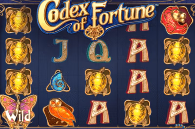 Diferentes figuras de animais estilizados e cartas de baralho da grade 5x4 do slot Codex of Fortune