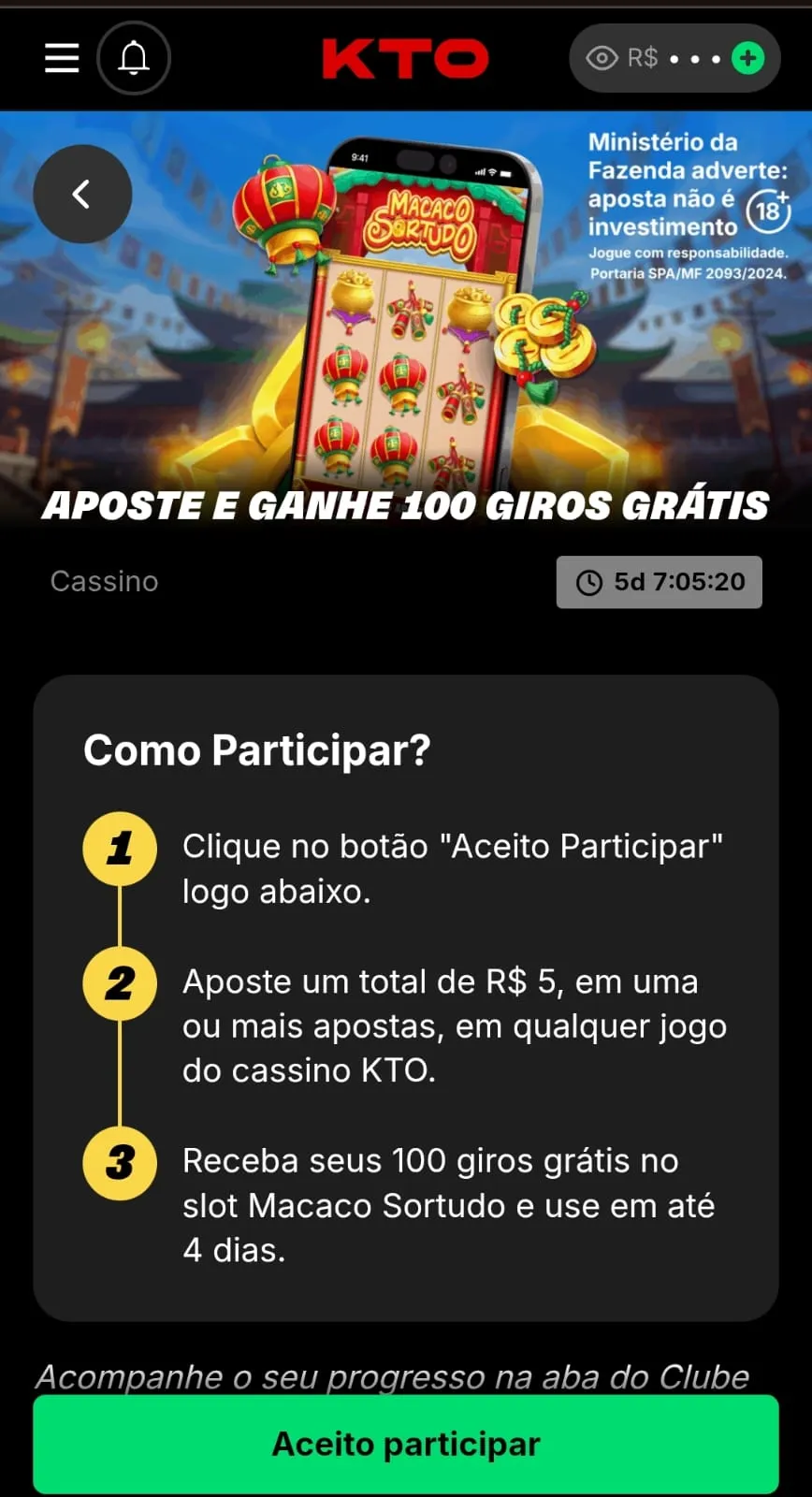 Promoção "Aposte e ganhe giros grátis" na KTO para o slot Macaco Sortudo da Pragmatic Play.