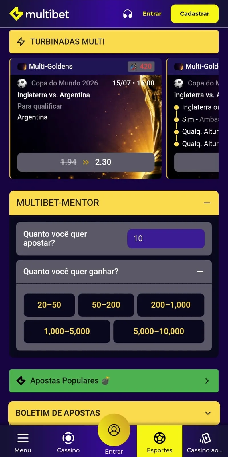 Turbinadas Multi para a partida entre Inglaterra x Argentina pela semifinal da Copa do Mundo na Multibet.